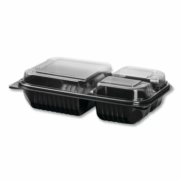 Solo Hinged-Lid Dinner Box, 3-Compartment, 32 oz, 11.5 x 8.1 x 3, Black/Clear, Plastic, 100PK 919019-PM94